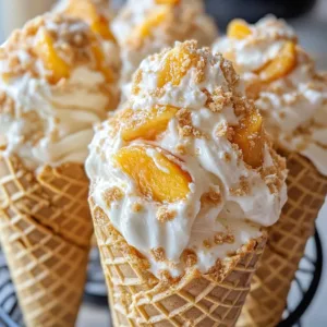 Peach Cobbler Cheesecake Cones topped with fresh peaches and creamy cheesecake
