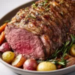 Perfect roasted leg of lamb with garlic served on a platter