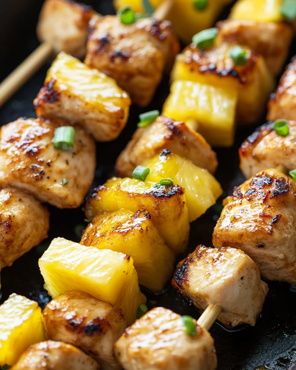 Delicious Pineapple Chicken Kabobs on a grill with vibrant colors.