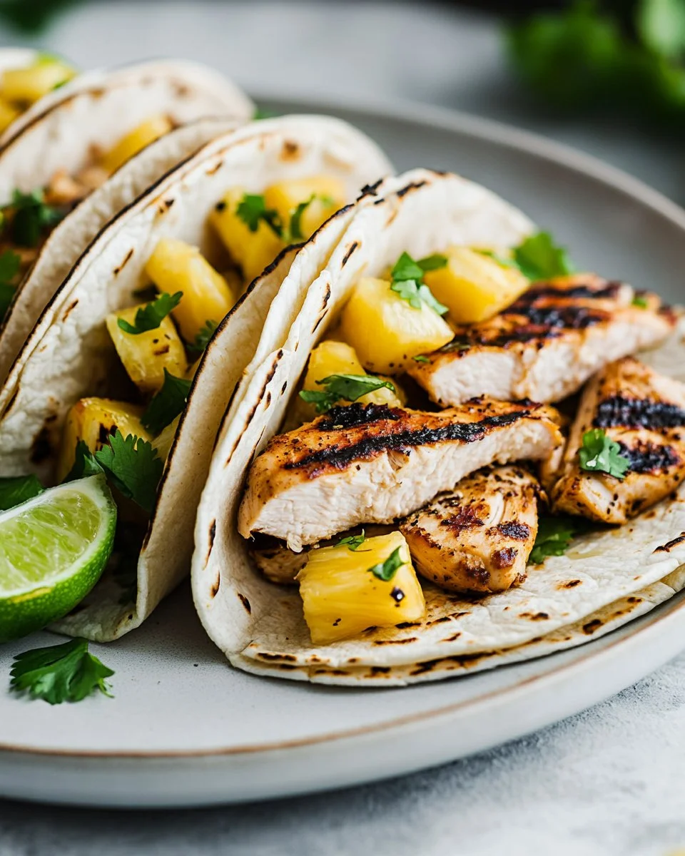 Delicious Pineapple Chicken Tacos garnished with fresh cilantro and lime.