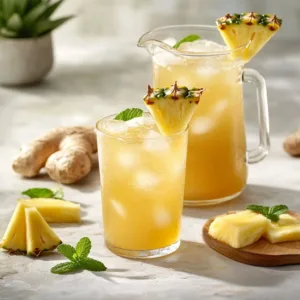 Pineapple Ginger Beer Mocktail in a glass garnished with fresh pineapple