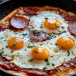 A plate of Pizza Eggs with toppings, showcasing a delicious breakfast twist on pizza.