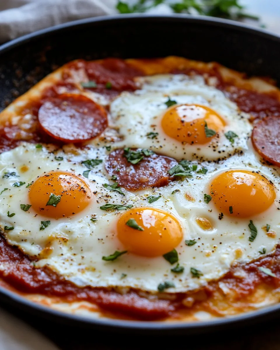 A plate of Pizza Eggs with toppings, showcasing a delicious breakfast twist on pizza.