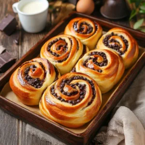 Delicious rolled brioche filled with vanilla cream and chocolate chips