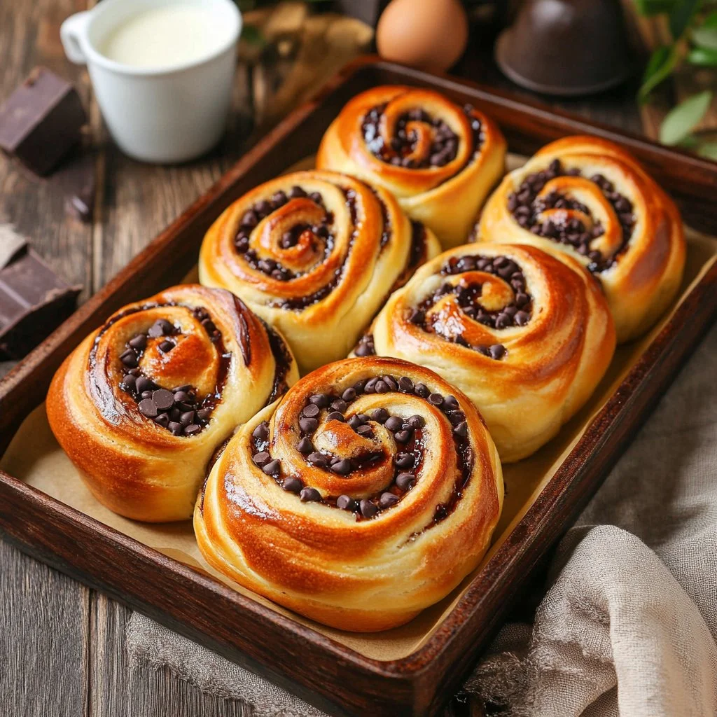 Delicious rolled brioche filled with vanilla cream and chocolate chips