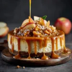Slice of salted caramel apple pie cheesecake topped with caramel drizzle.