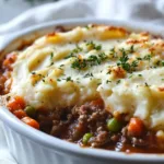 Delicious Shepherd's Pie with a golden mashed potato topping and savory filling.