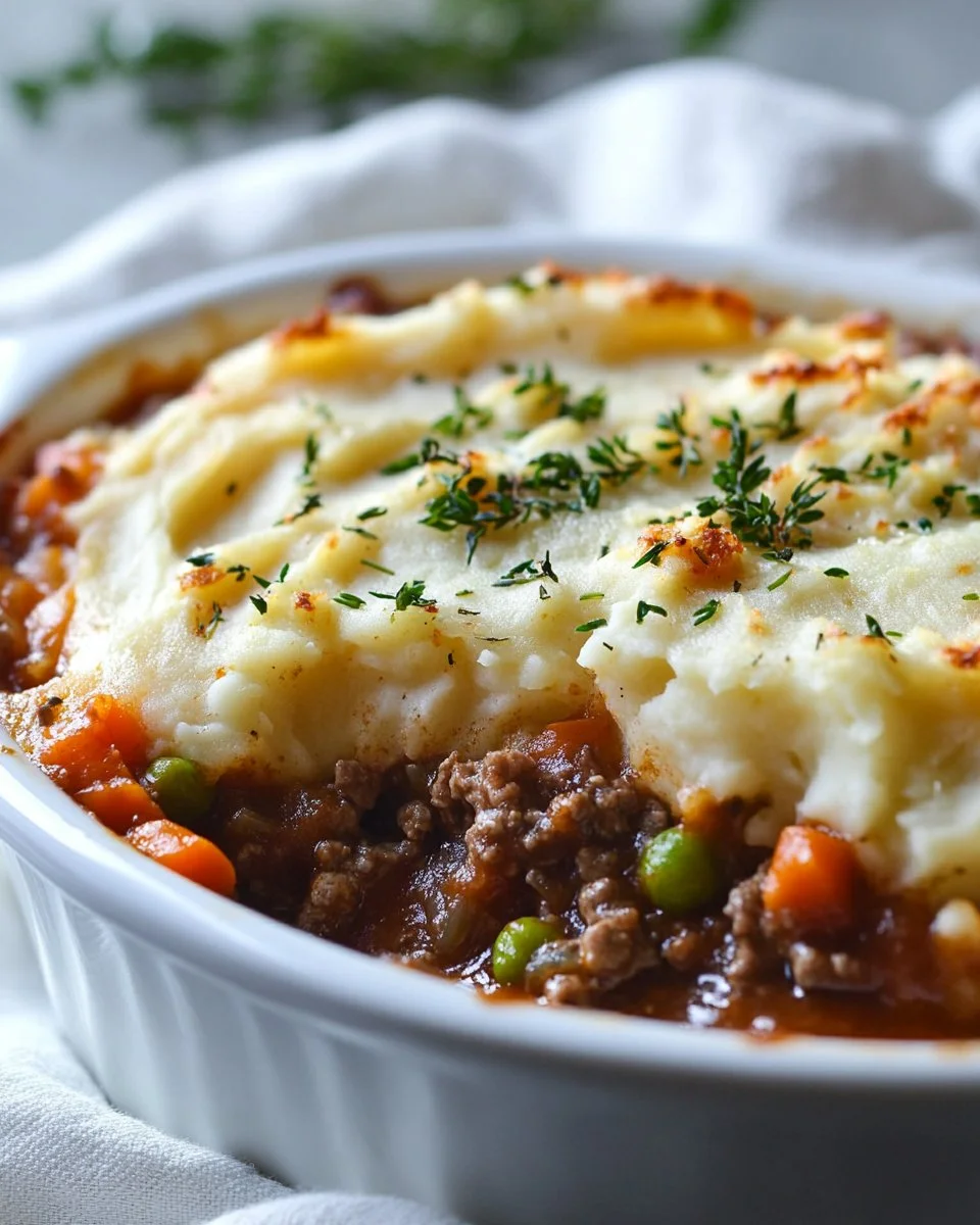 Delicious Shepherd's Pie with a golden mashed potato topping and savory filling.