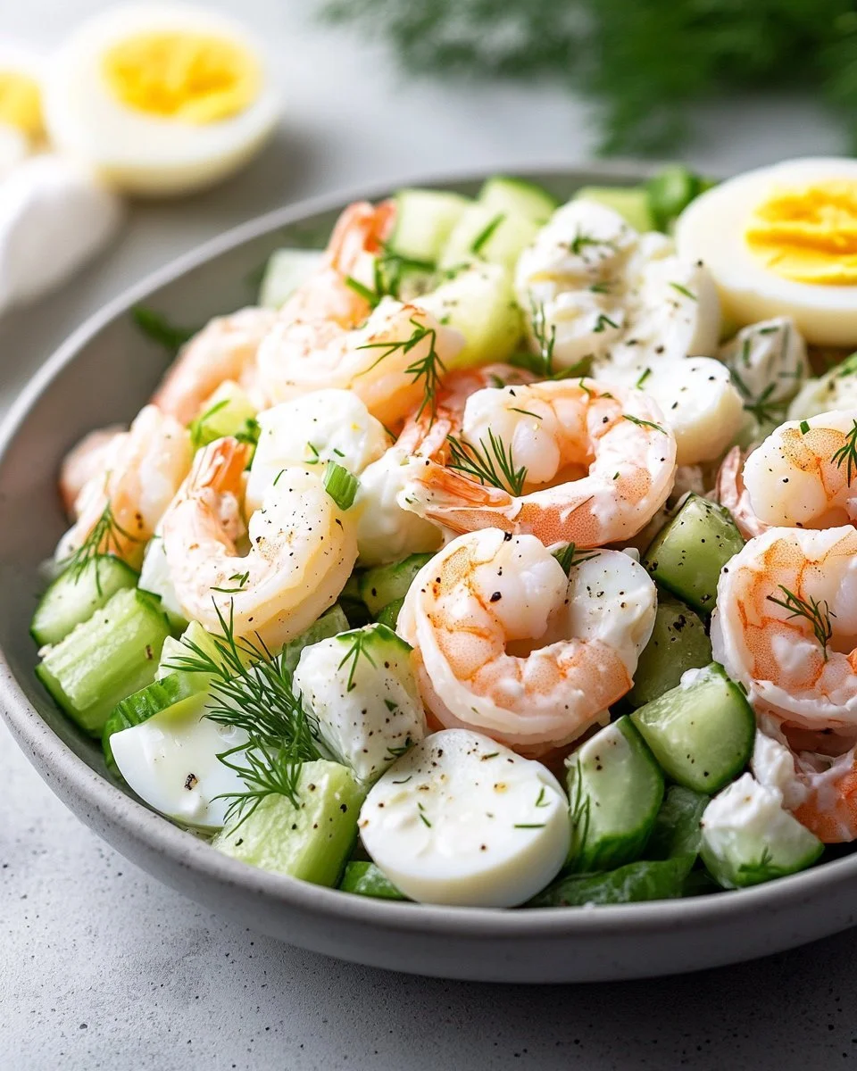 Delicious shrimp salad with fresh vegetables and a tangy dressing