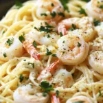 Shrimp Scampi Garlic Cream Pasta served in a white bowl with fresh parsley