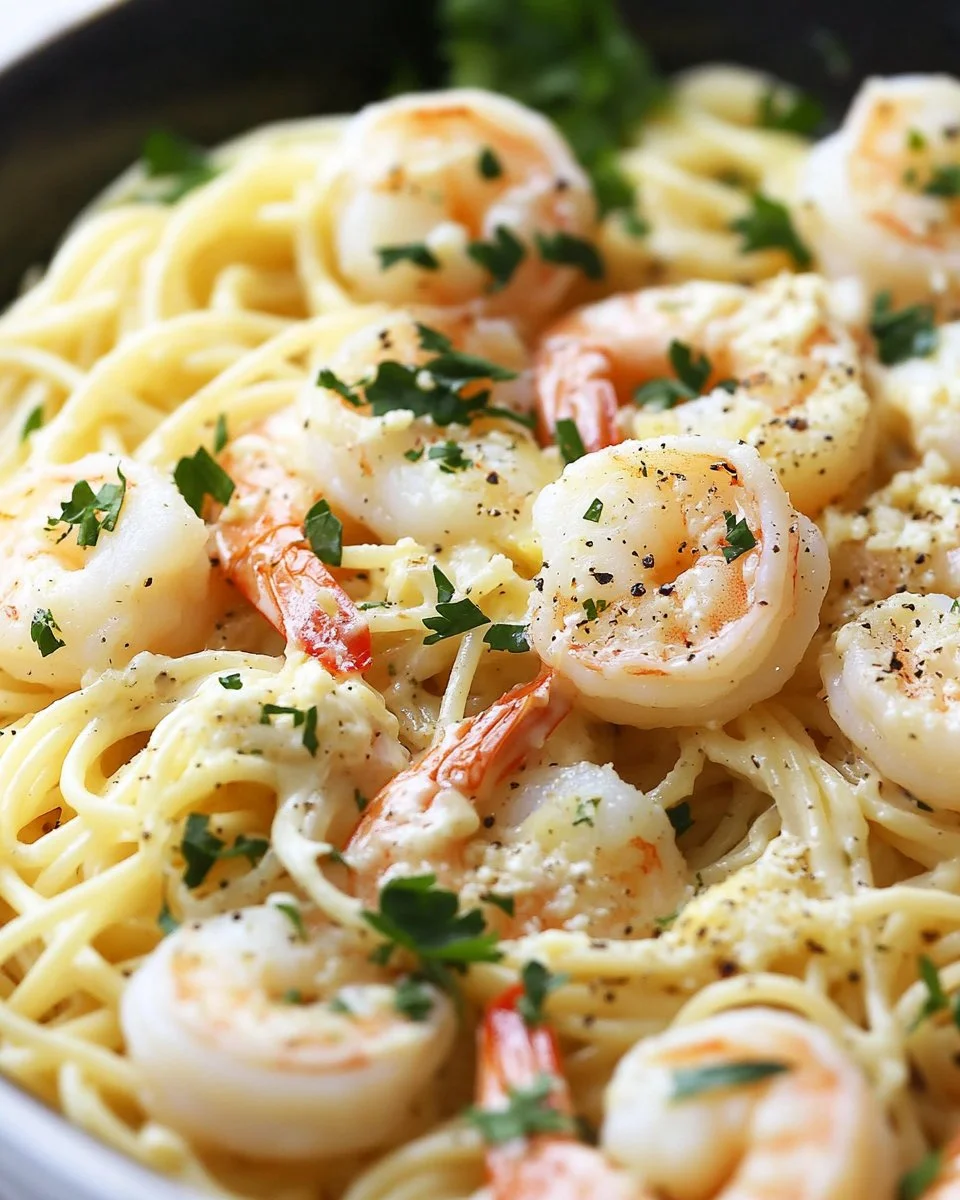 Shrimp Scampi Garlic Cream Pasta served in a white bowl with fresh parsley