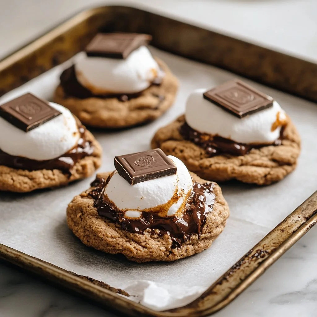 S’mores Cookies Delicious S'mores Cookies with chocolate, marshmallows, and graham crackers.