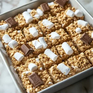 Delicious S'mores Rice Krispies Treats with chocolate and marshmallows