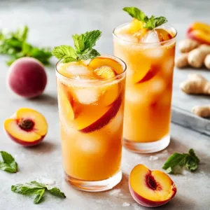 Sparkling Ginger Peach Mocktail in a glass with fresh ginger and peach slices
