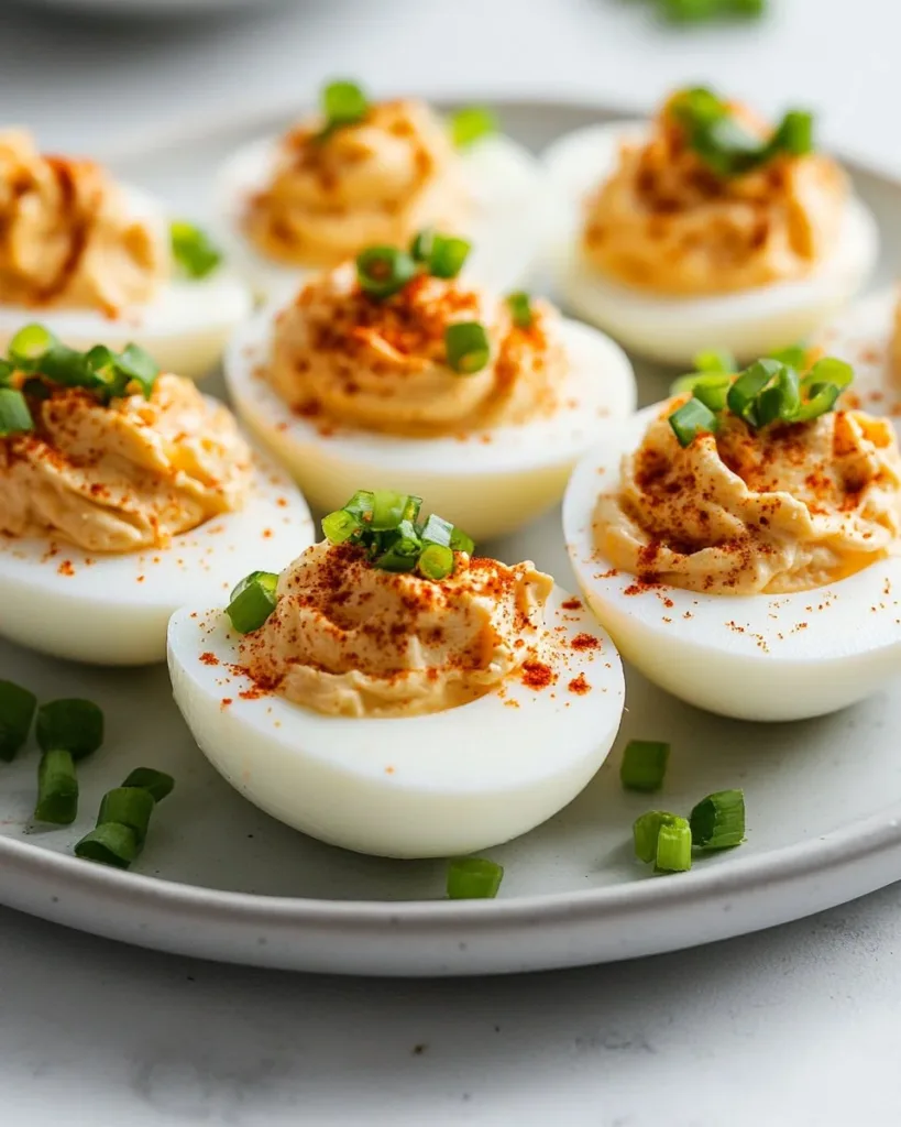Spicy chili garlic deviled eggs garnished with chili flakes and herbs.