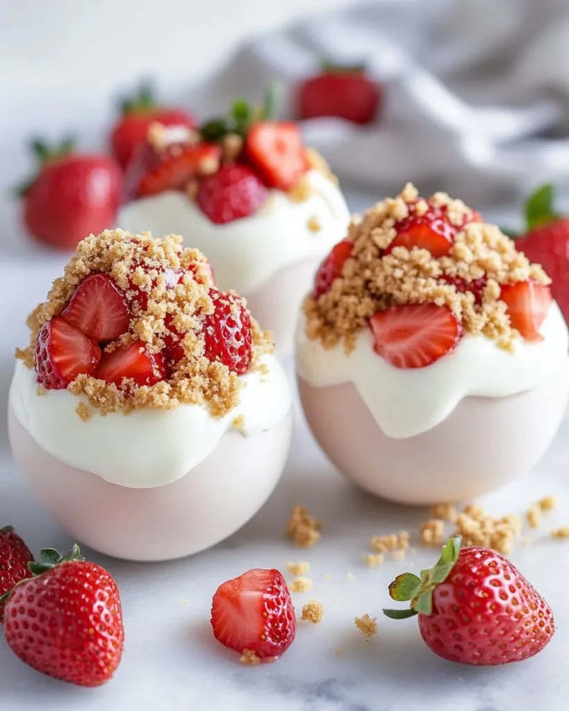 Strawberry shortcake Easter egg bombs with vibrant colors and delicious filling.