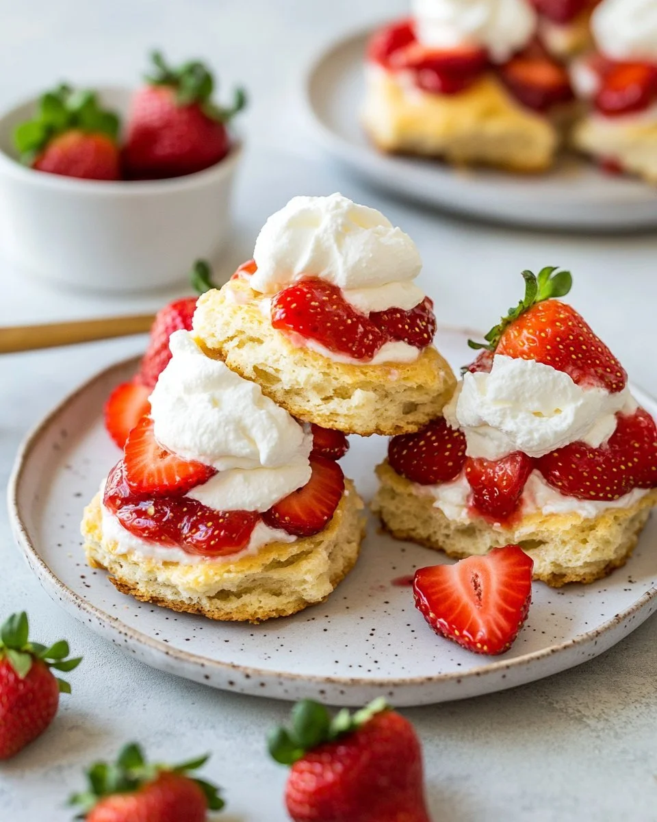 Delicious strawberry shortcake topped with fresh strawberries and whipped cream