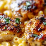 Plate of sweet and spicy Honey Pepper Chicken with macaroni and cheese