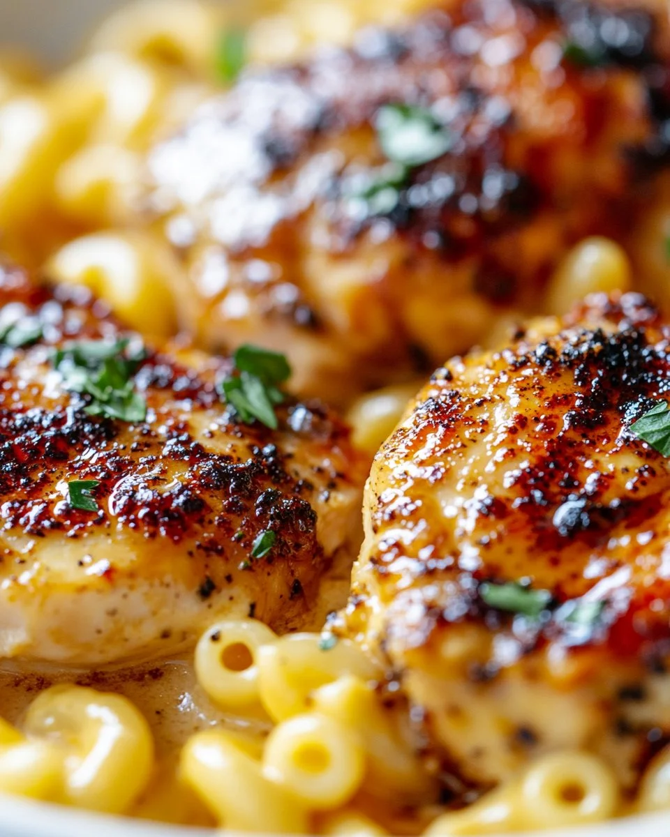 Sweet and Spicy Honey Pepper Chicken with Macaroni and Cheese