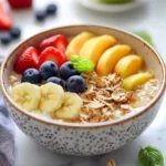 Bowl of tasty coconut cream oats topped with fruits and nuts