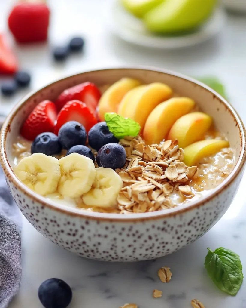 Bowl of tasty coconut cream oats topped with fruits and nuts