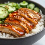Delicious teriyaki chicken rice bowl topped with green onions and sesame seeds.