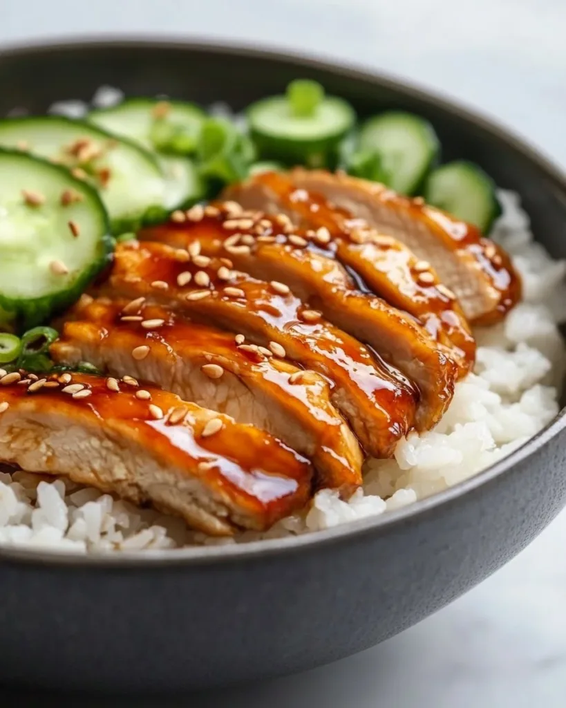 The Best Teriyaki Chicken Rice Bowl Delicious teriyaki chicken rice bowl topped with green onions and sesame seeds.