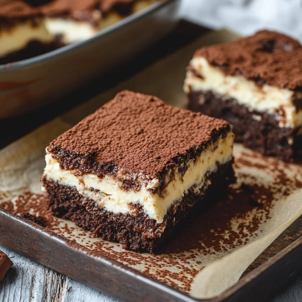 Delicious tiramisu brownies with coffee and chocolate layers