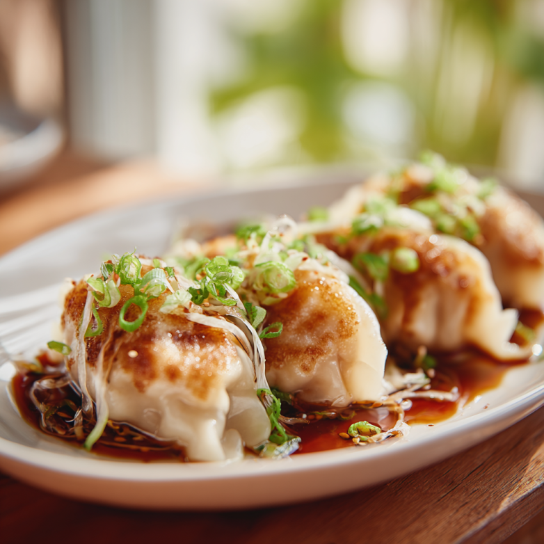 Cozy close up of cabbage dumplings with ginger soy served warm