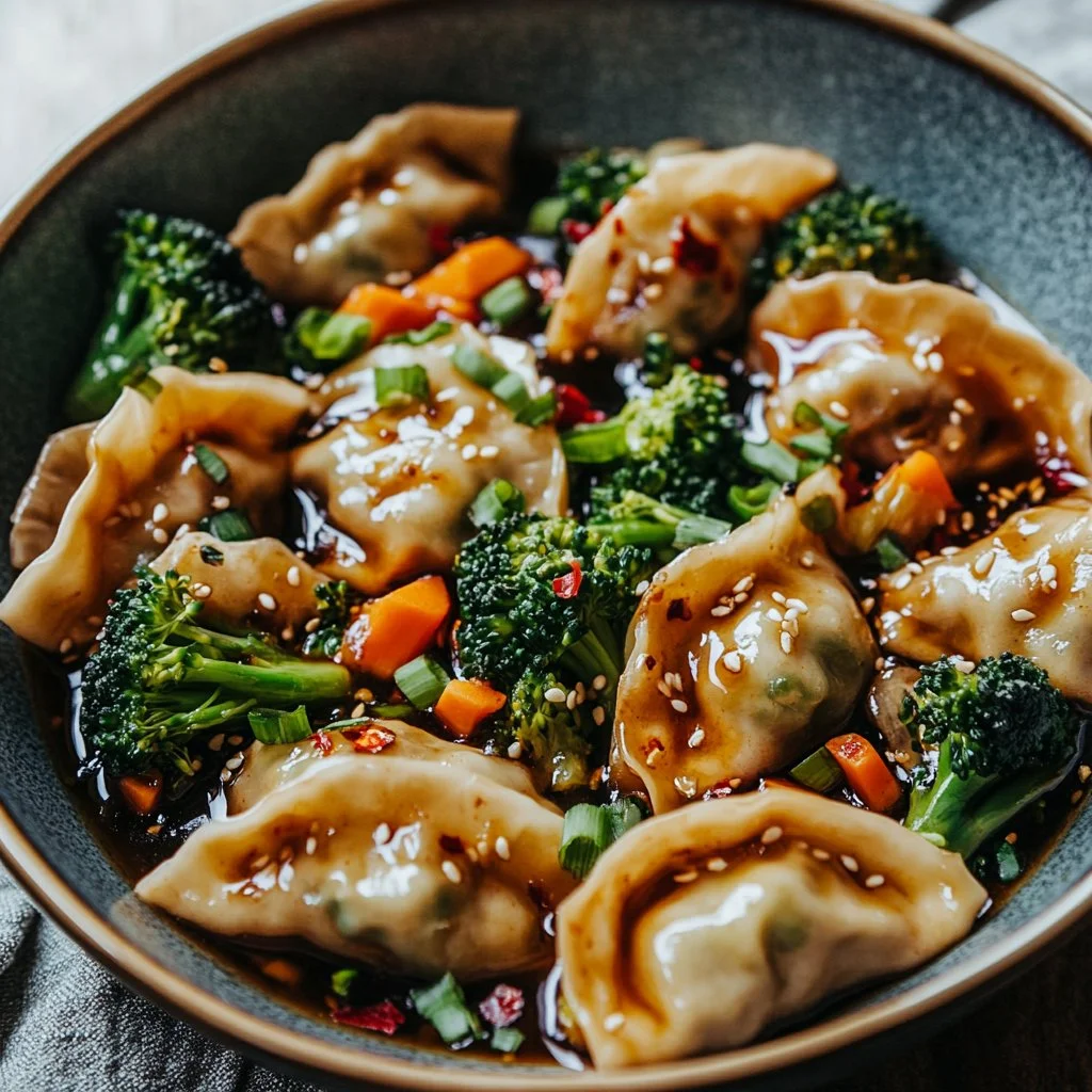 Viral dumpling bake dish fresh out of the oven, golden and bubbling.