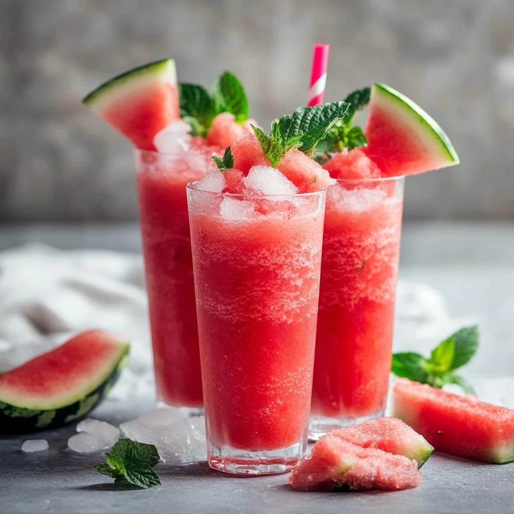 Delicious watermelon slushie in a glass with ice and a slice of watermelon