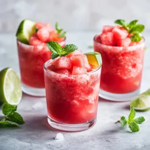Delicious watermelon slushies in a glass with ice, perfect for summer refreshment