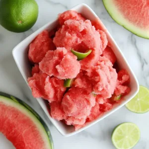 Bowl of homemade watermelon sorbet garnished with mint leaves