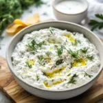 Whipped cottage cheese dip served in a bowl with vegetables