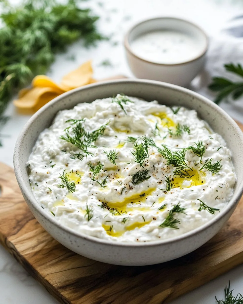 Whipped cottage cheese dip served in a bowl with vegetables