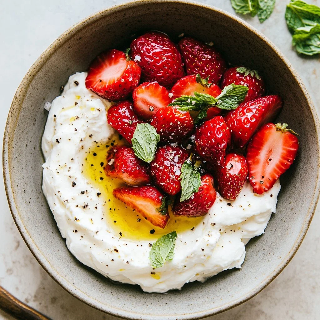 Whipped feta topped with roasted strawberries on a serving plate