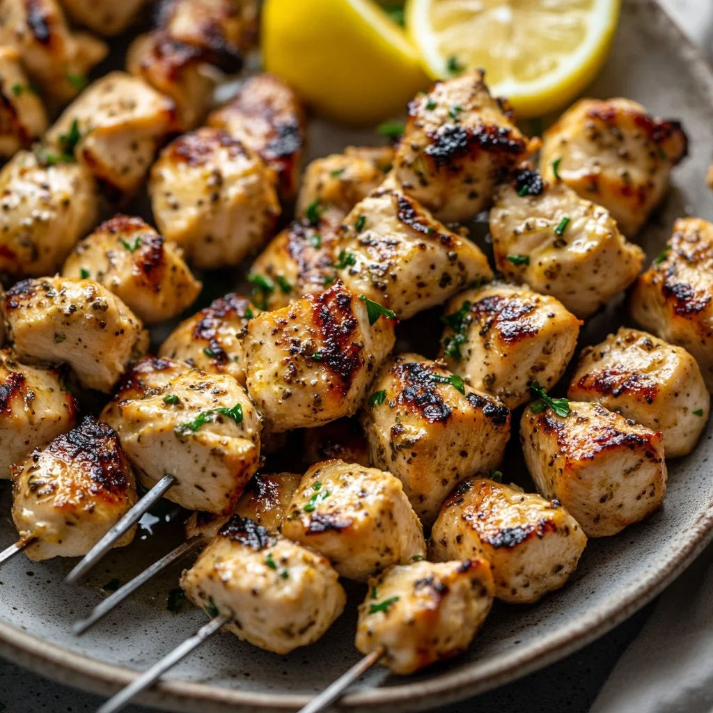 Authentic Greek Chicken Souvlaki Marinade Marinated Greek chicken souvlaki skewers ready for grilling