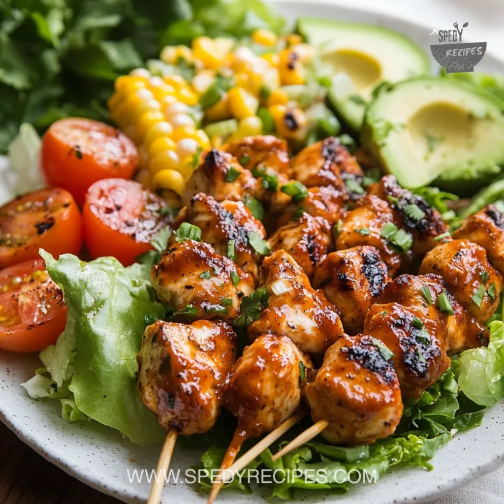 BBQ Chicken Skewer Salad Delicious BBQ chicken skewer salad with fresh vegetables and tangy dressing