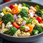 Delicious broccoli pasta salad with colorful vegetables and dressing