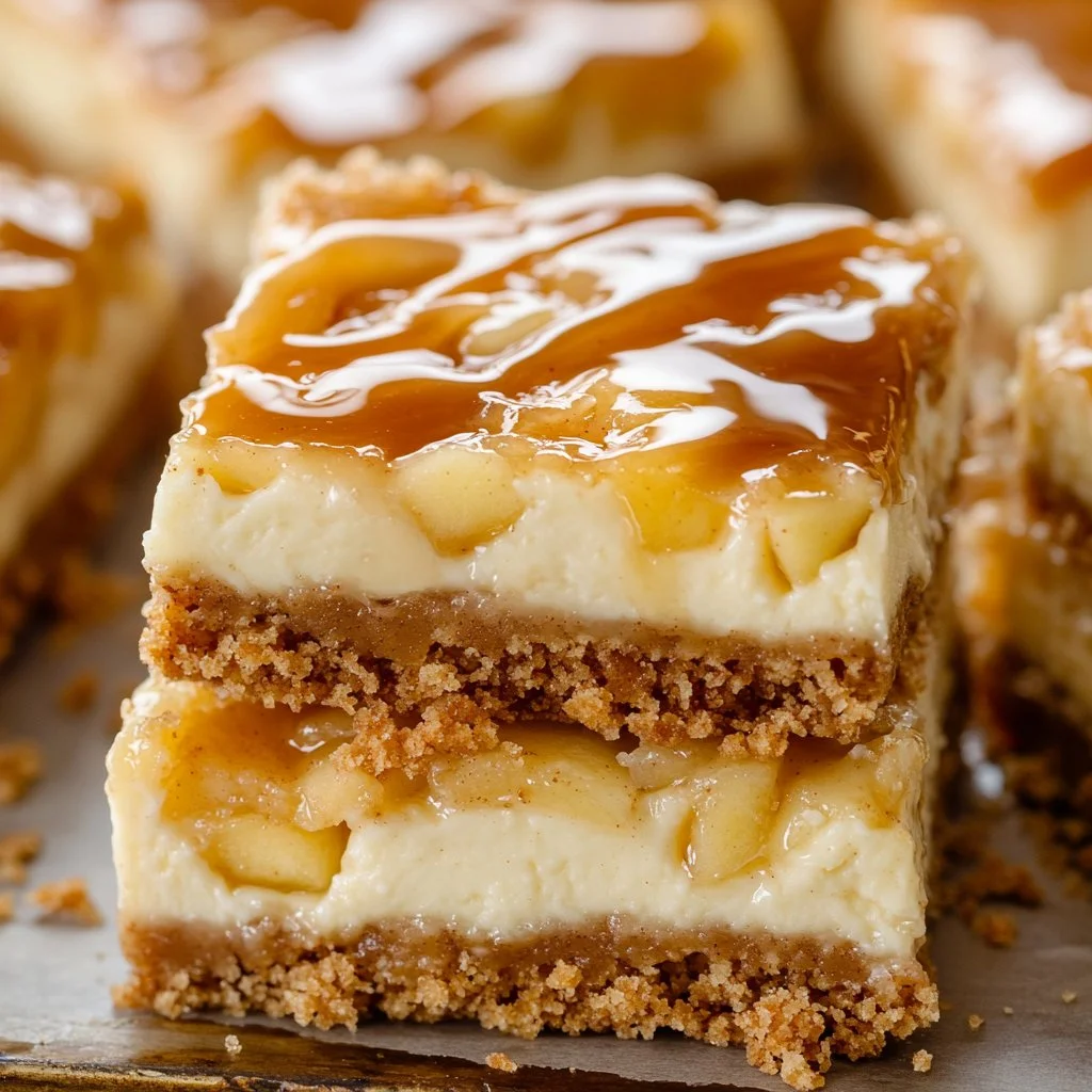 Delicious caramel apple cheesecake bars with creamy filling and caramel drizzle.