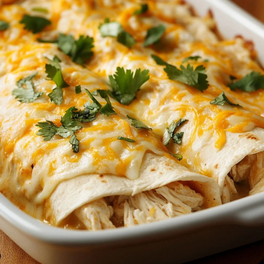 Delicious homemade chicken enchiladas topped with cheese and sauce