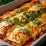 Delicious chicken enchiladas topped with homemade red enchilada sauce
