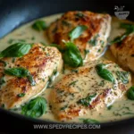 Chicken in basil cream sauce served on a plate with fresh basil garnish