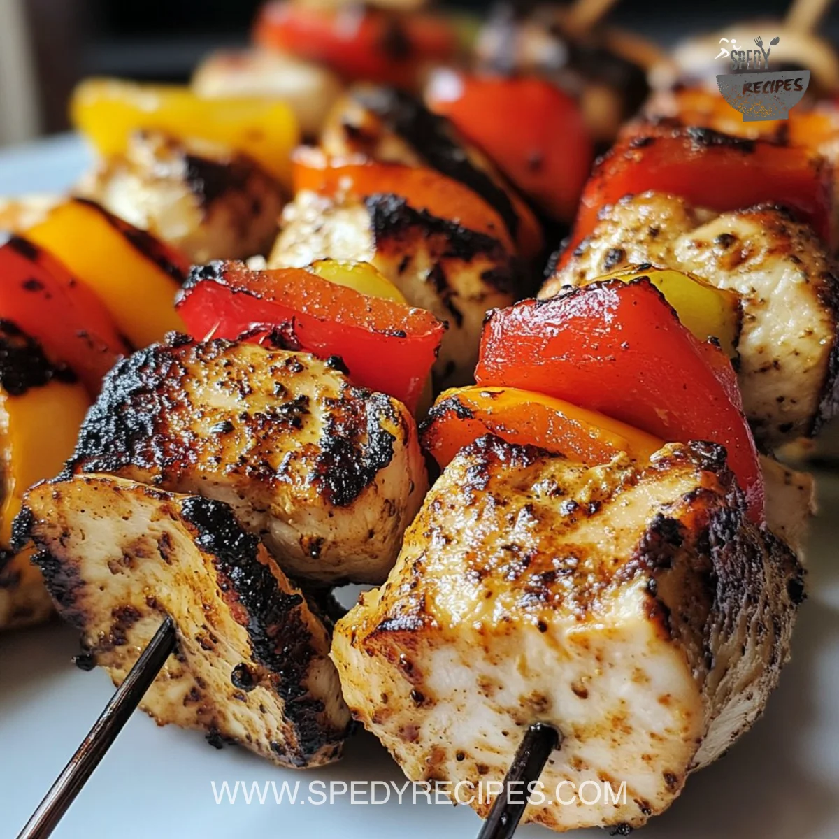 Grilled chicken kabobs with colorful vegetables on skewers
