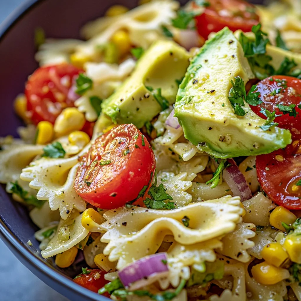 Cilantro Lime Pasta Salad Bowl of cilantro lime pasta salad with fresh vegetables and lime dressing