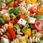 Delicious classic pasta salad with fresh vegetables and dressing