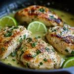 Delicious Coconut Lime Chicken garnished with lime slices and herbs