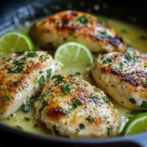 Delicious Coconut Lime Chicken garnished with lime slices and herbs