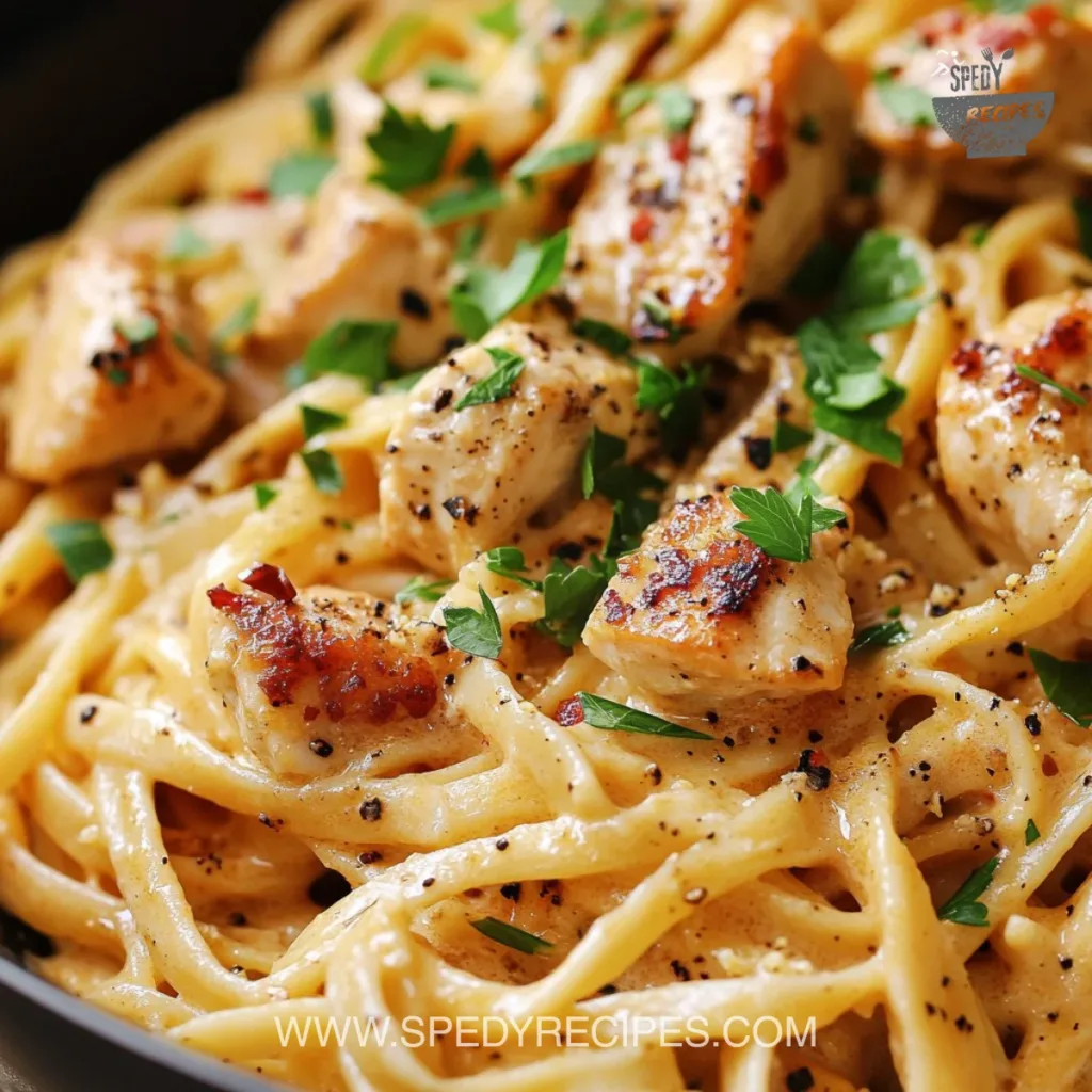 Plate of Cowboy Butter Chicken Linguine with creamy sauce and garnished herbs