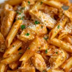Delicious Cowboy Butter Chicken Pasta served in a bowl, garnished with herbs.